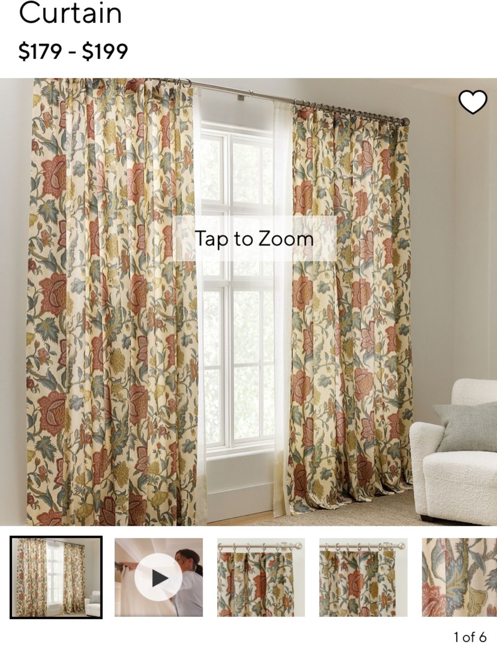 Pottery Barn Floral Curtain Panel in Cream, Rust & Green Cynthia palmadore print